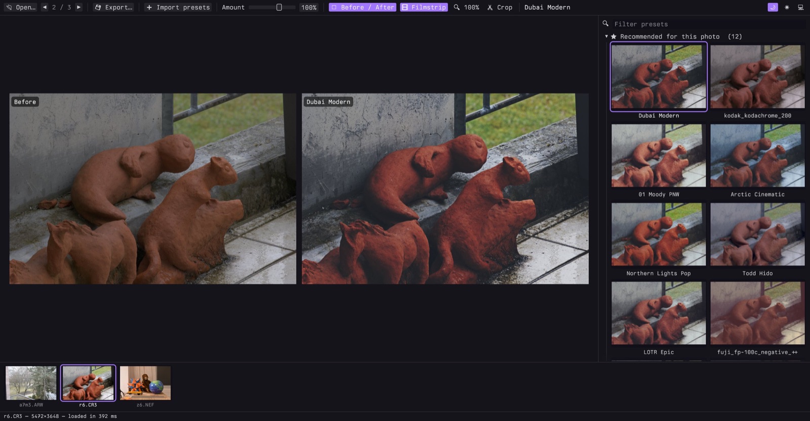 Before/after comparison with the folder's filmstrip below